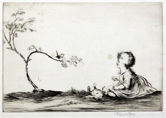 Eileen Alice Soper (1905-1990) Child and songbird, 6.5 x 9.5in.
